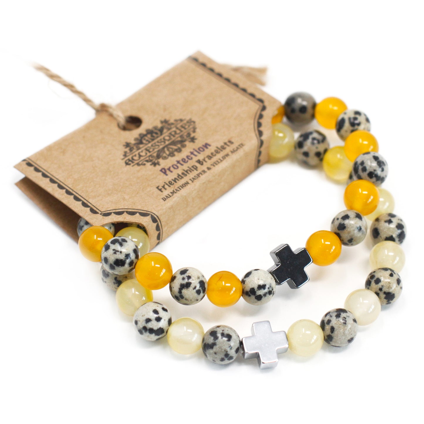 Set Of 2 Dalmatian Jasper & Yellow Agate Gemstones Friendship Bracelet