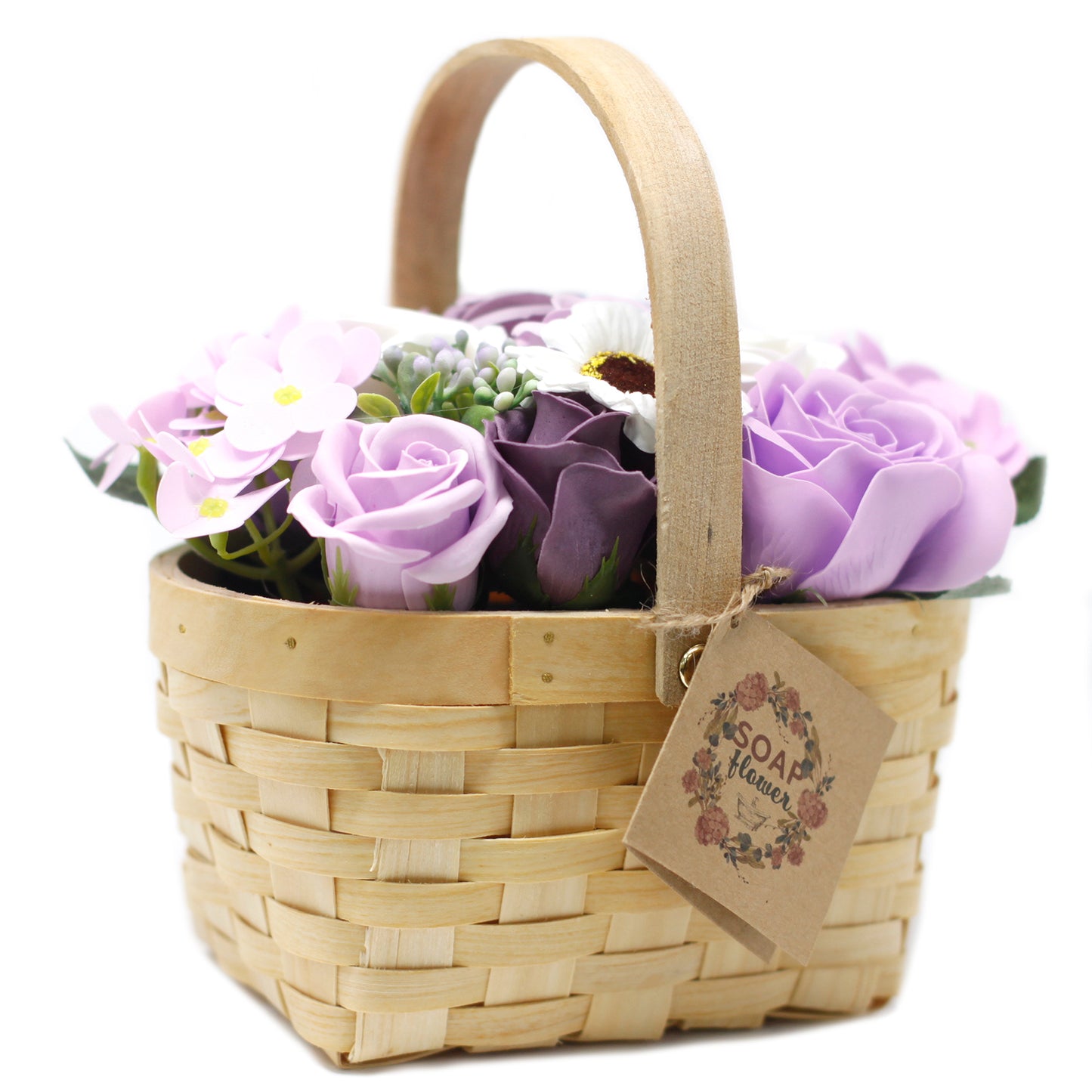 Bouquet Of Lilac Soap Flowers in Large Wicker Basket