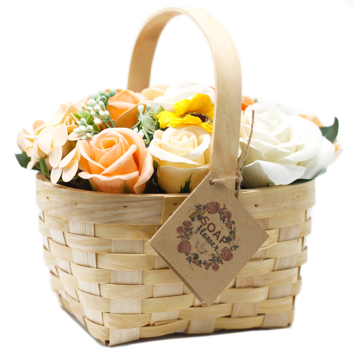 Bouquet Of Orange Soap Flower in Large Wicker Basket
