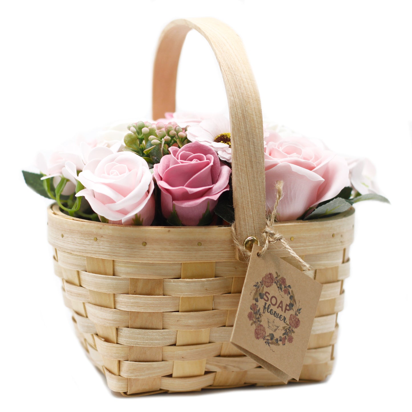 Bouquet Of Pink Soap Flower in Large Wicker Basket
