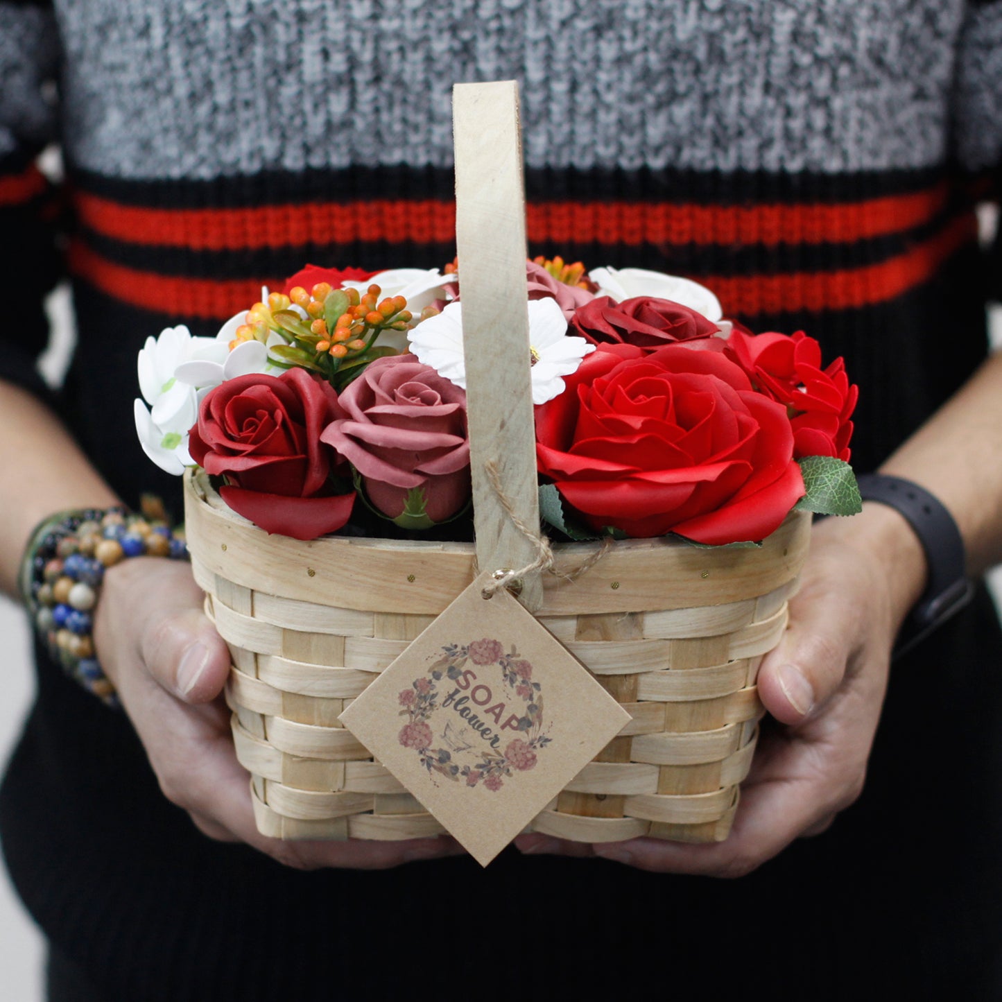 Bouquet Of Pink Soap Flower in Large Wicker Basket
