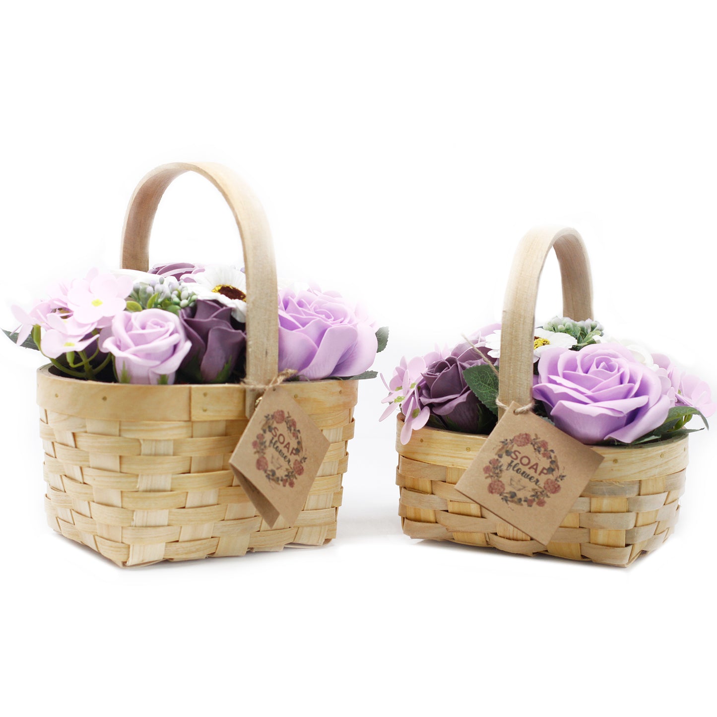 Lilac Soap Flowers Bouquet in Medium Wicker Basket