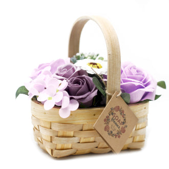 Lilac Soap Flowers Bouquet in Medium Wicker Basket