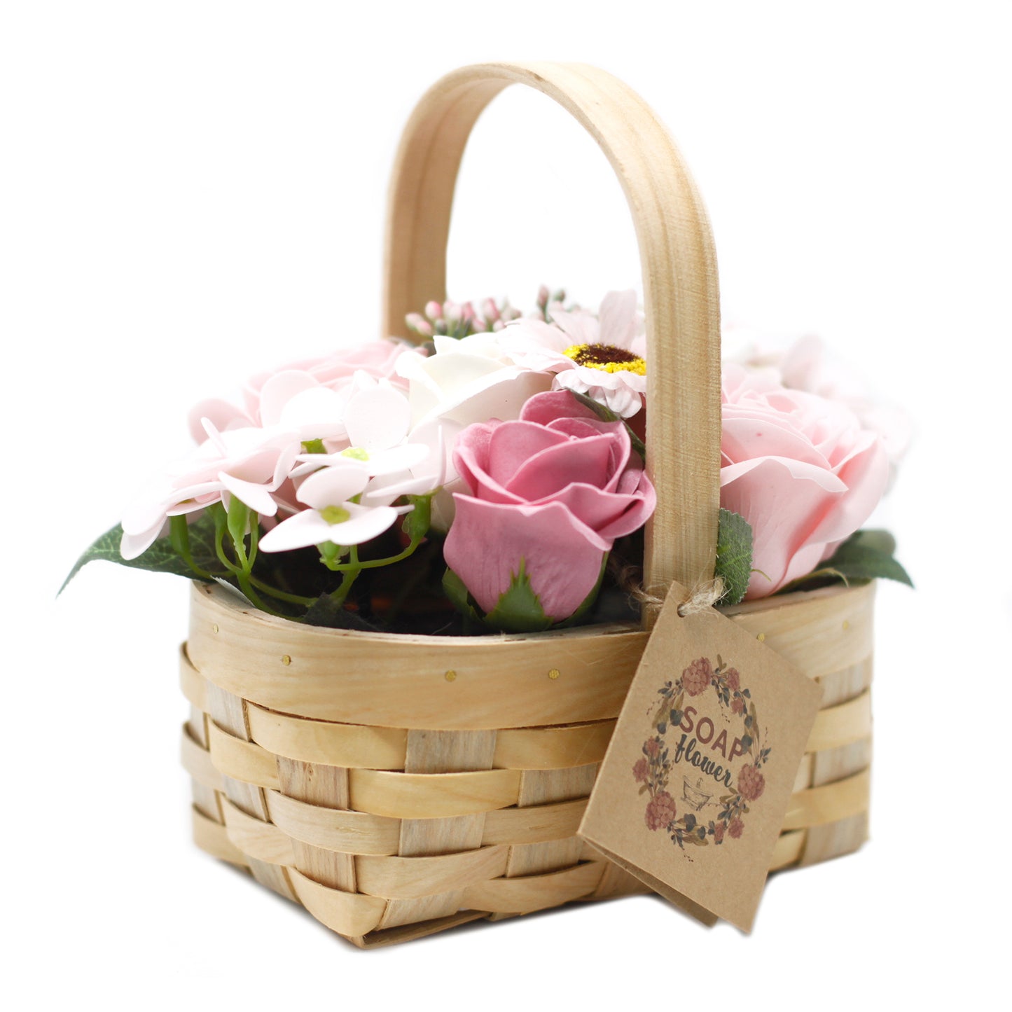 Pink Soap Flower Bouquet in Medium Wicker Basket