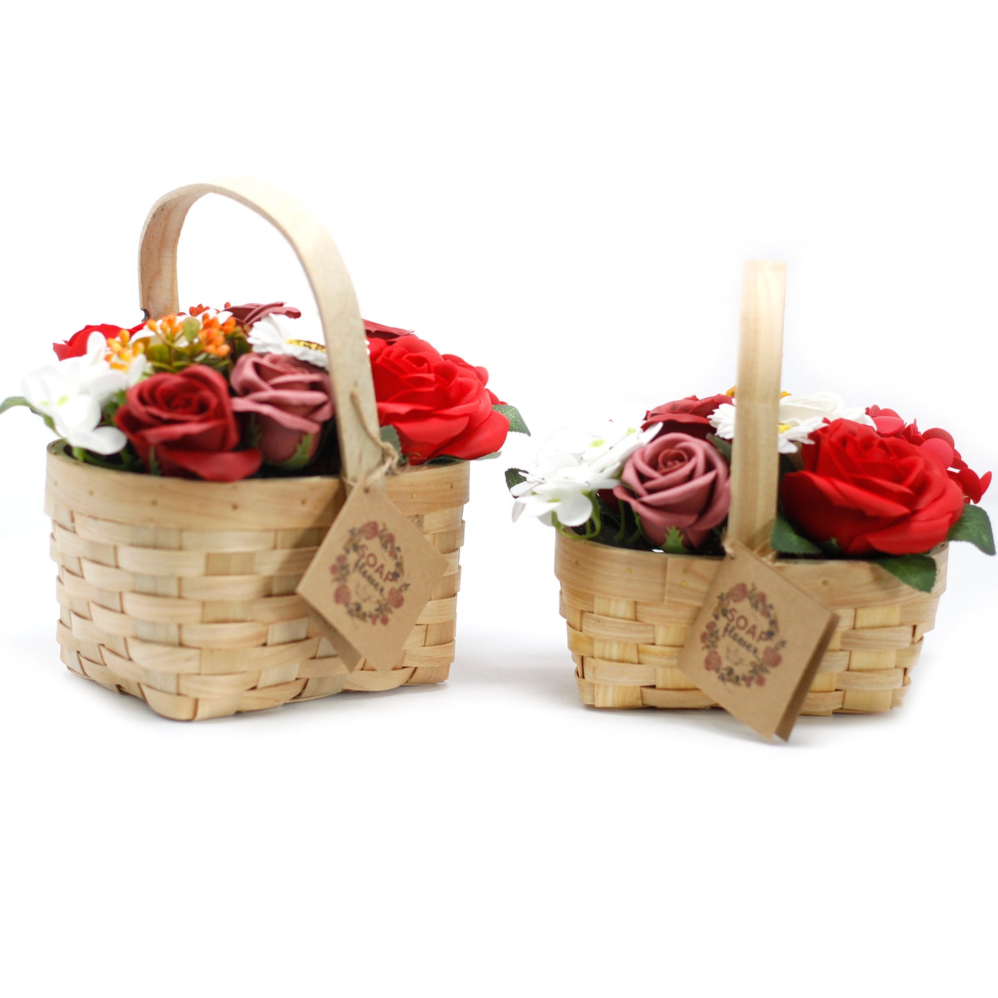 Red White Soap Flowers Bouquet in Wicker Basket
