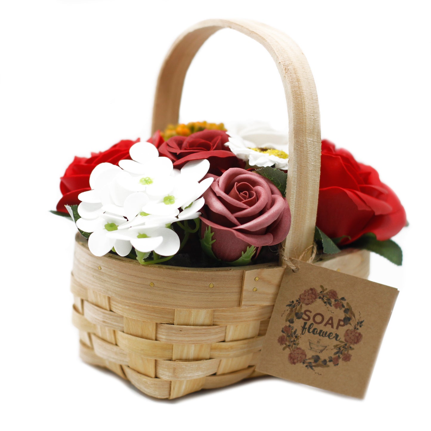 Red White Soap Flowers Bouquet in Wicker Basket