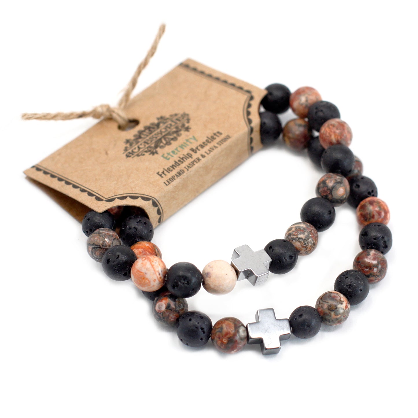 Set Of 2 Leopard Skin Jasper & Lava Stone Gemstones Friendship Bracelet