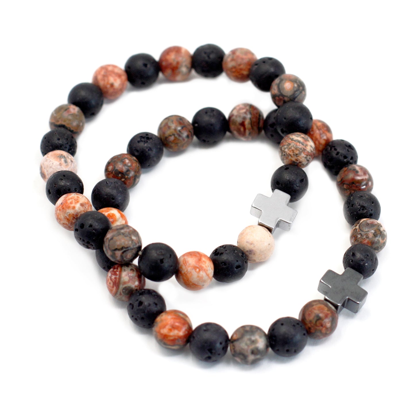 Set Of 2 Leopard Skin Jasper & Lava Stone Gemstones Friendship Bracelet