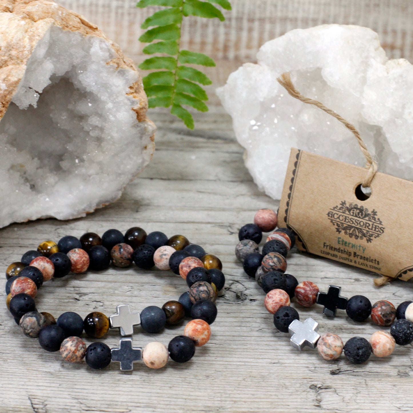 Set Of 2 Leopard Skin Jasper & Lava Stone Gemstones Friendship Bracelet