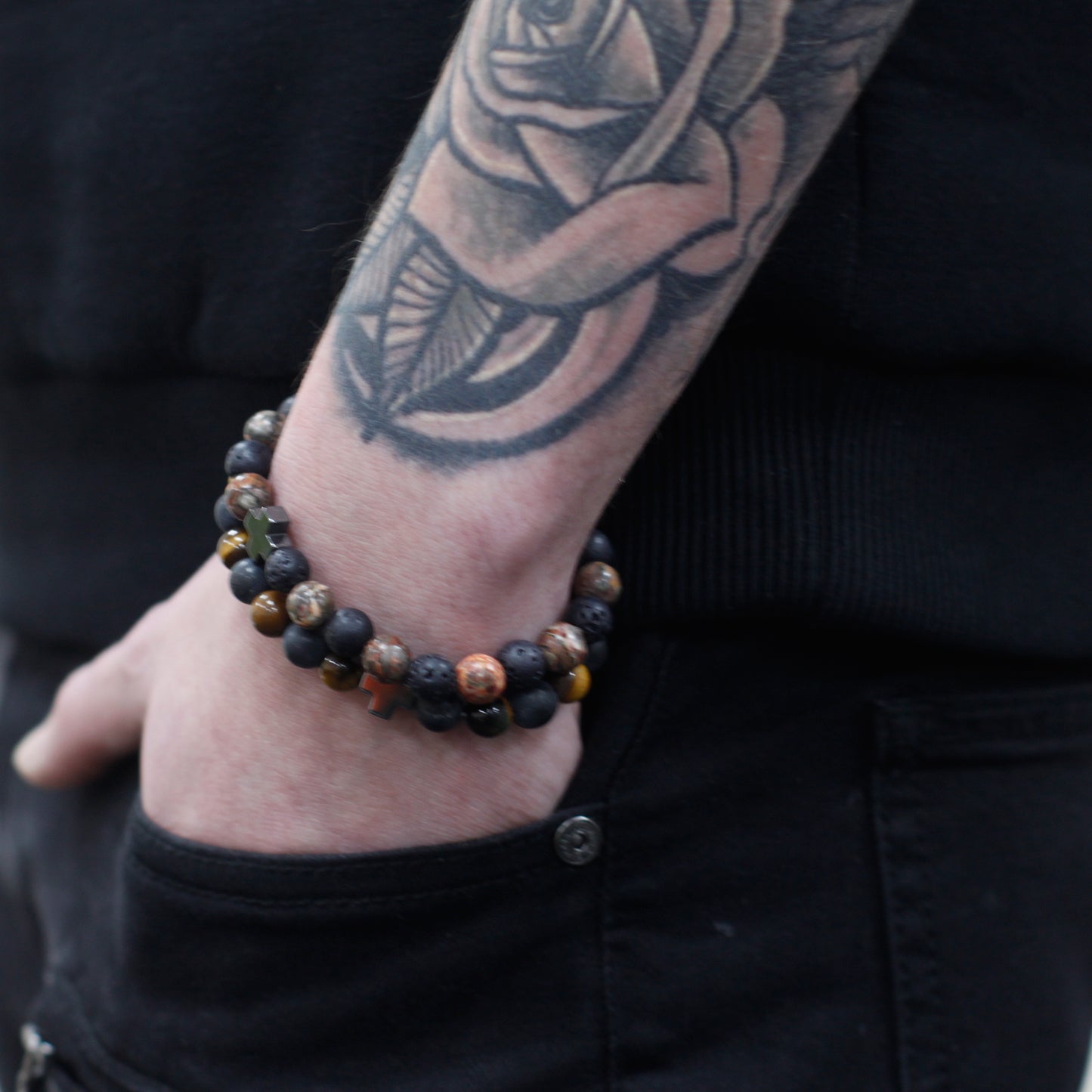 Set Of 2 Leopard Skin Jasper & Lava Stone Gemstones Friendship Bracelet