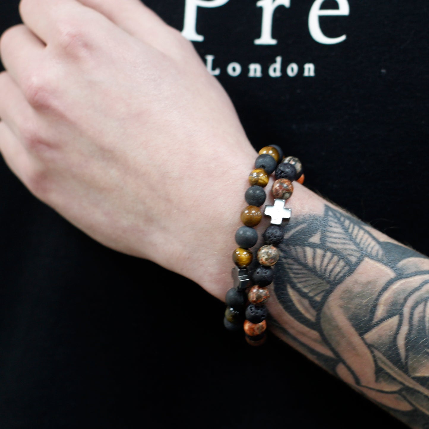 Set Of 2 Leopard Skin Jasper & Lava Stone Gemstones Friendship Bracelet