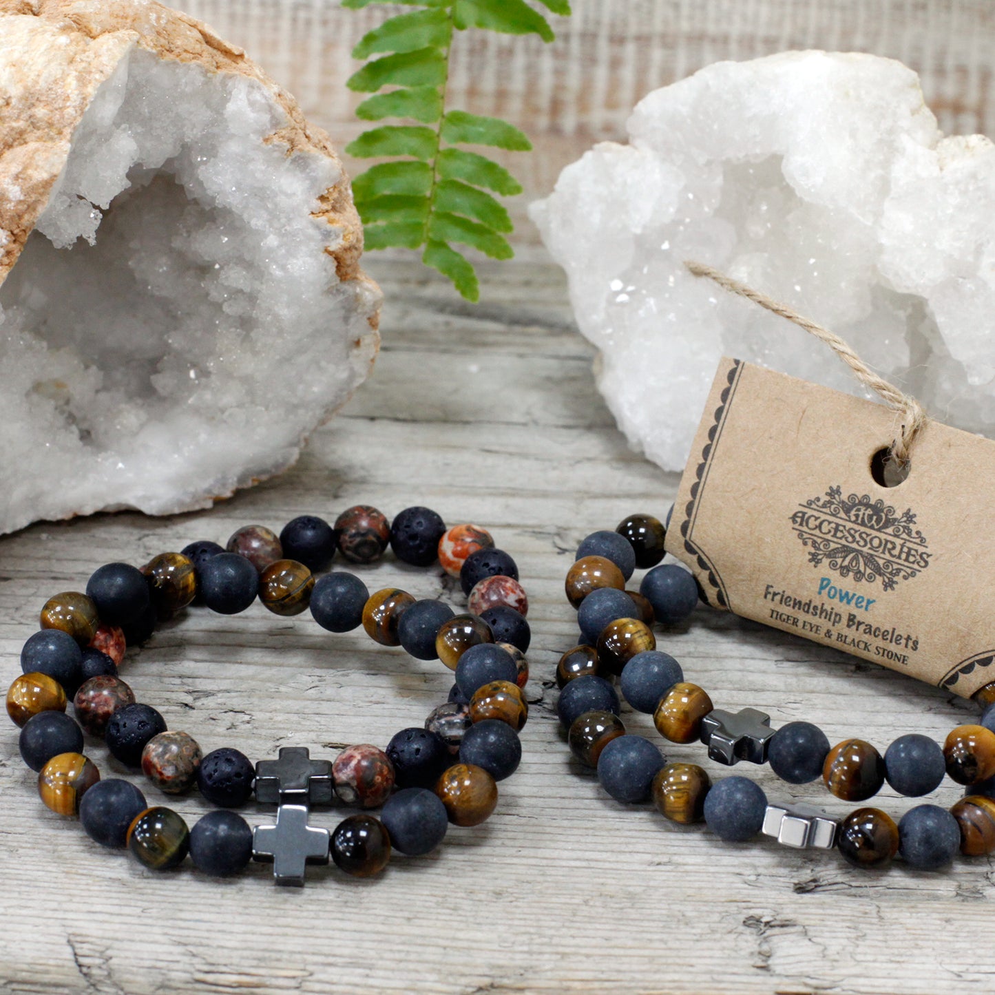 Set Of 2 Tiger Eye & Black Stone Gemstones Friendship Bracelet