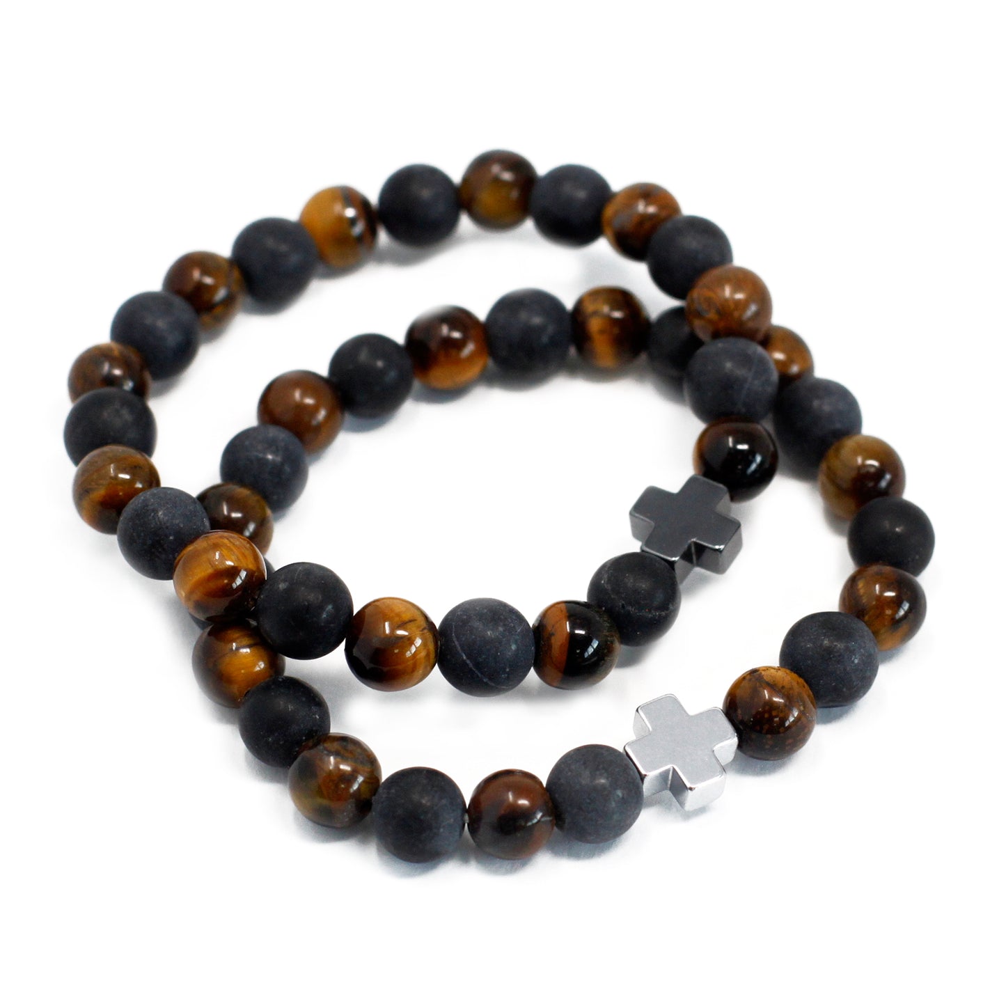 Set Of 2 Tiger Eye & Black Stone Gemstones Friendship Bracelet
