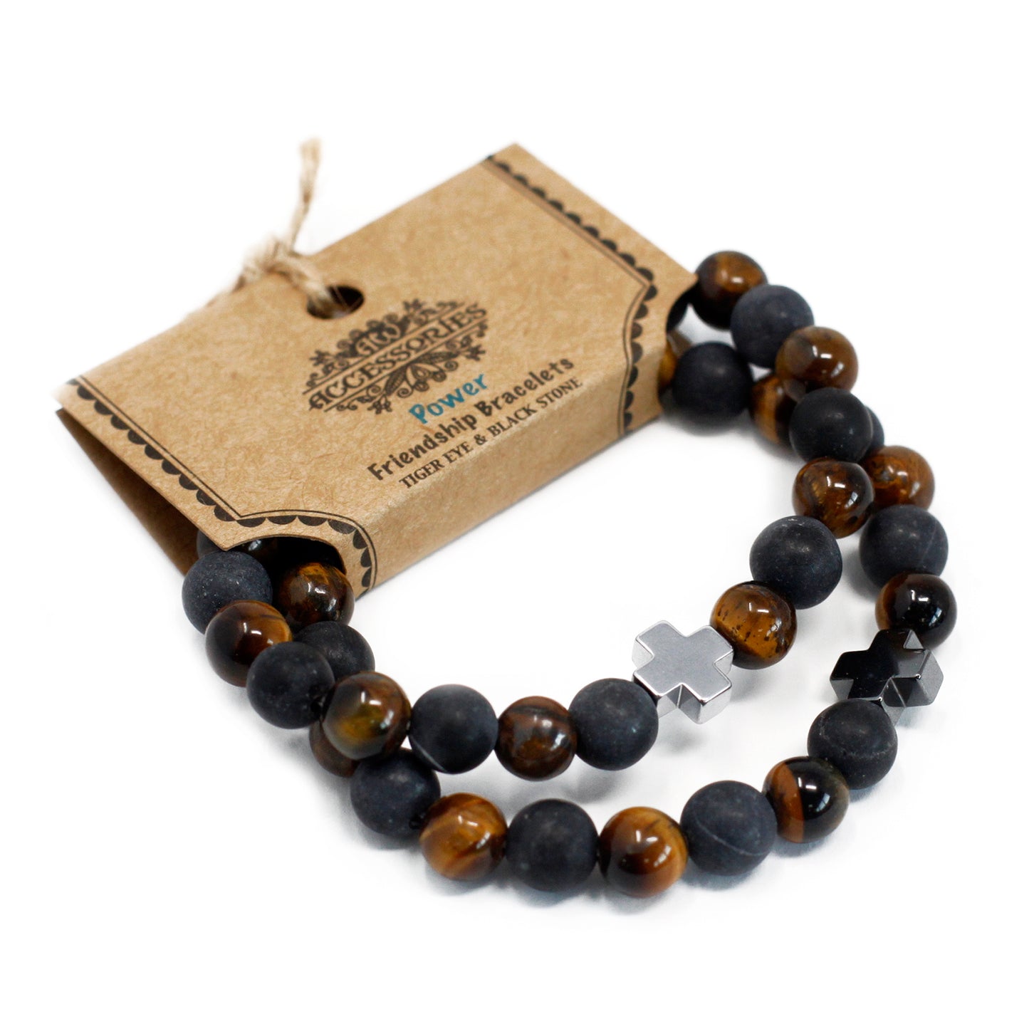 Set Of 2 Tiger Eye & Black Stone Gemstones Friendship Bracelet