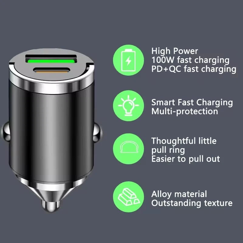 100W Super Fast Phone Car Charger Adapter USB Type C For iPhone Samsung Android