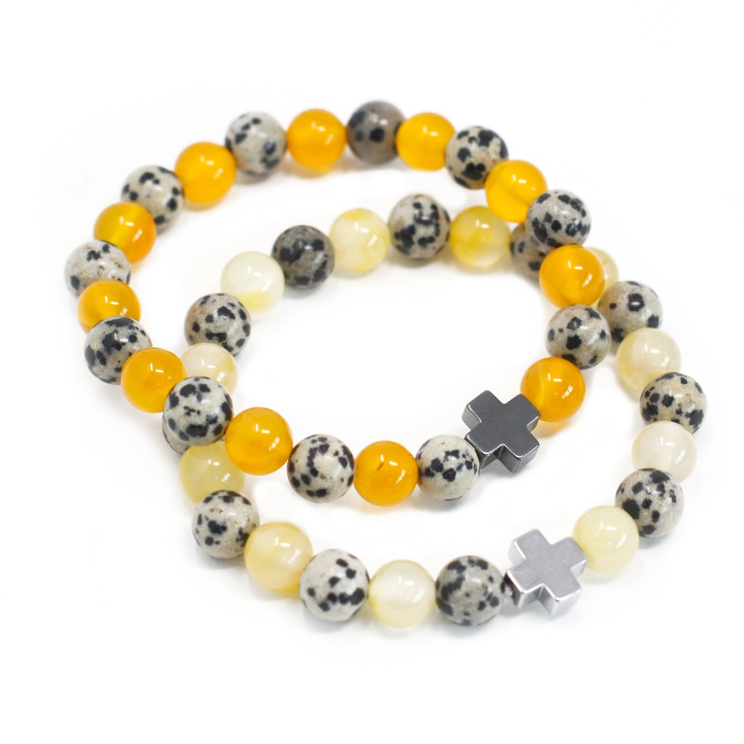 Set Of 2 Dalmatian Jasper & Yellow Agate Gemstones Friendship Bracelet