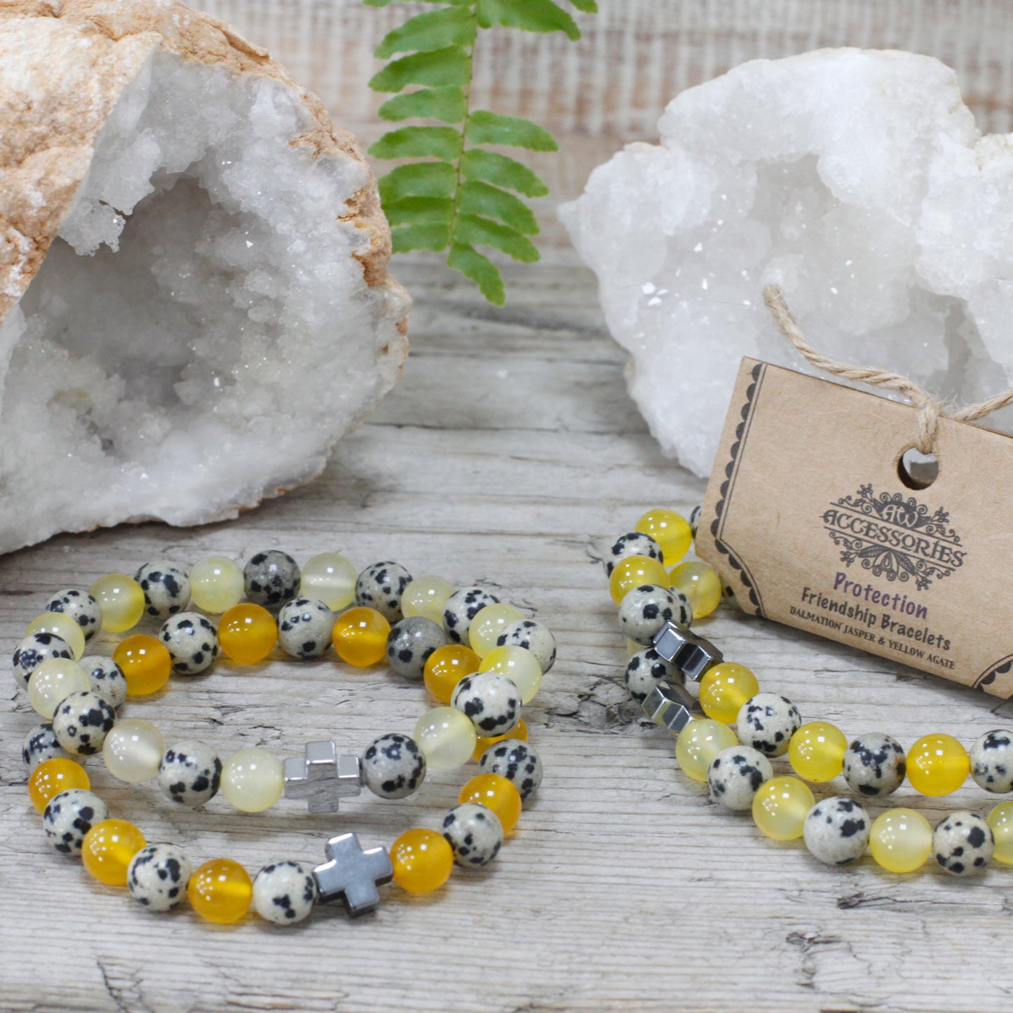 Set Of 2 Dalmatian Jasper & Yellow Agate Gemstones Friendship Bracelet