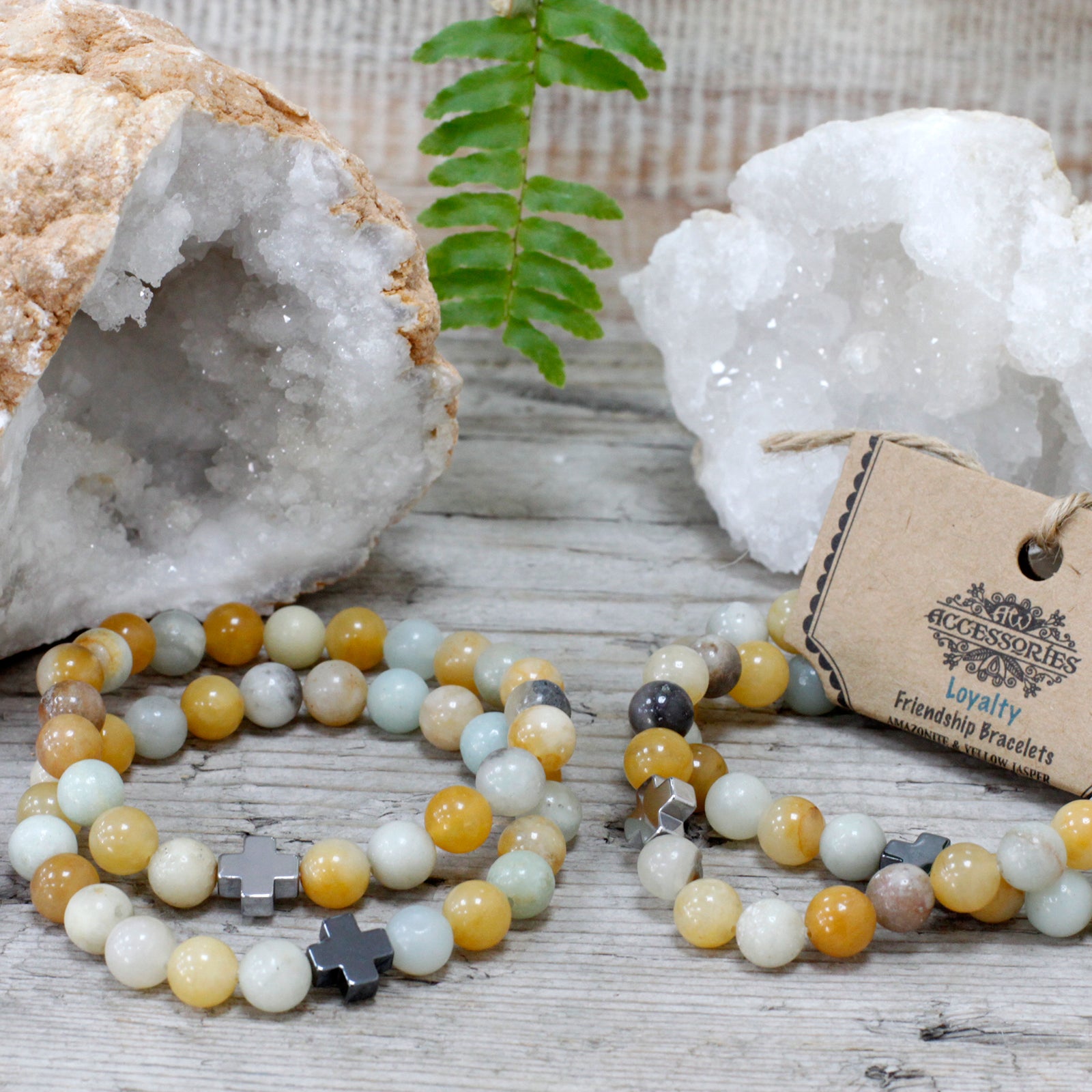 Set Of 2 Amazonite & Yellow Jasper Gemstones Friendship Bracelet 