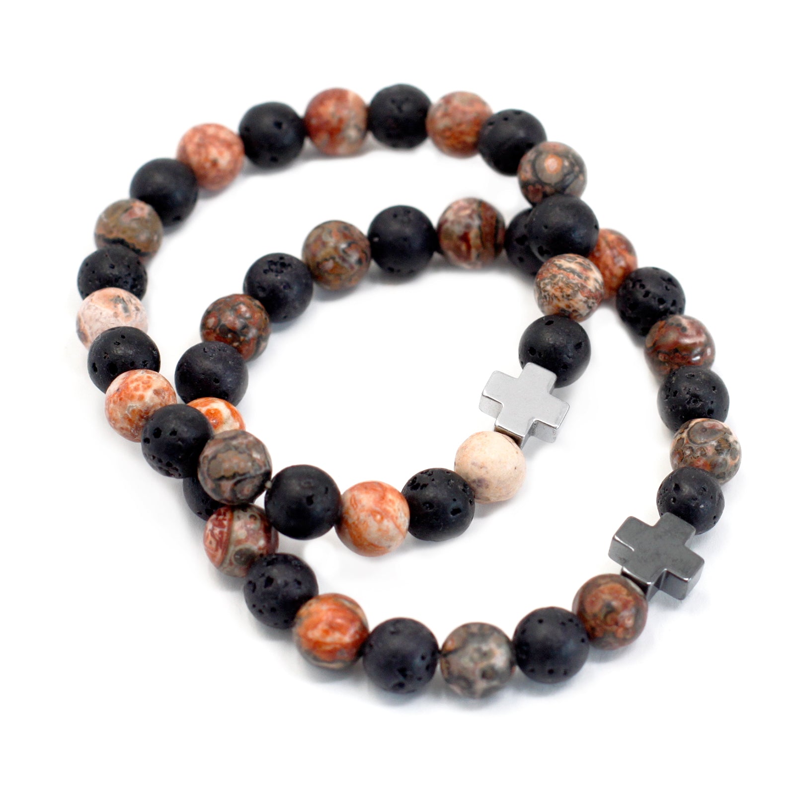 Set Of 2 Leopard Skin Jasper & Lava Stone Gemstones Friendship Bracelet
