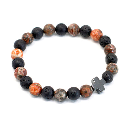 Set Of 2 Leopard Skin Jasper & Lava Stone Gemstones Friendship Bracelet