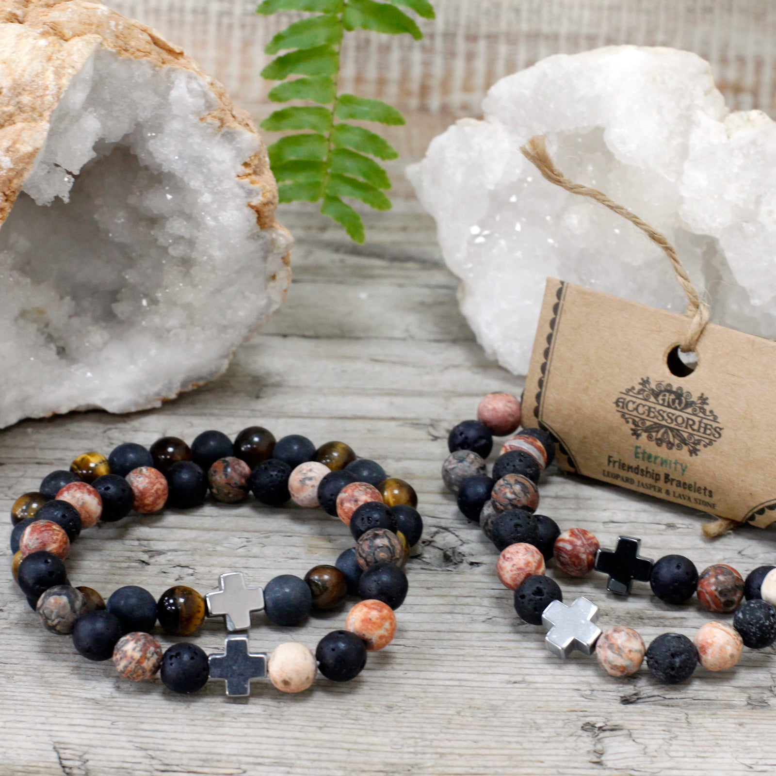 Set Of 2 Leopard Skin Jasper & Lava Stone Gemstones Friendship Bracelet