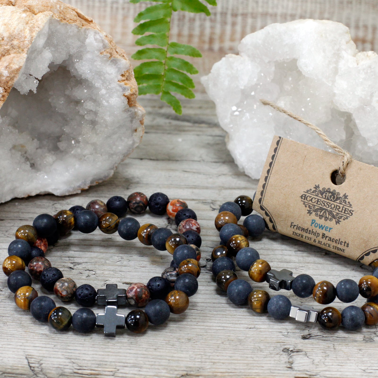 Set Of 2 Tiger Eye & Black Stone Gemstones Friendship Bracelet 