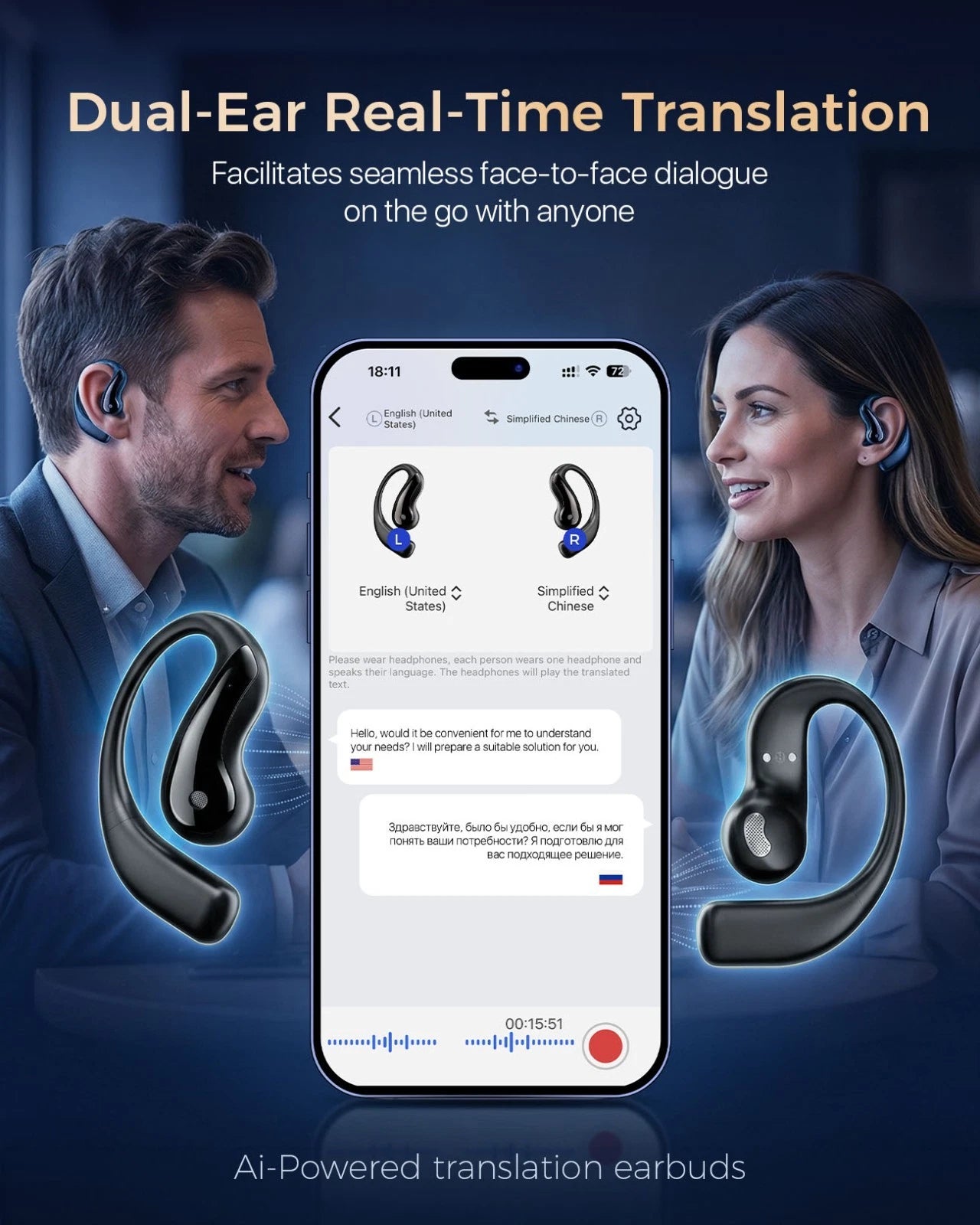 AI Language Translation Earbuds Real Time 3-in-1 Translator Earbuds