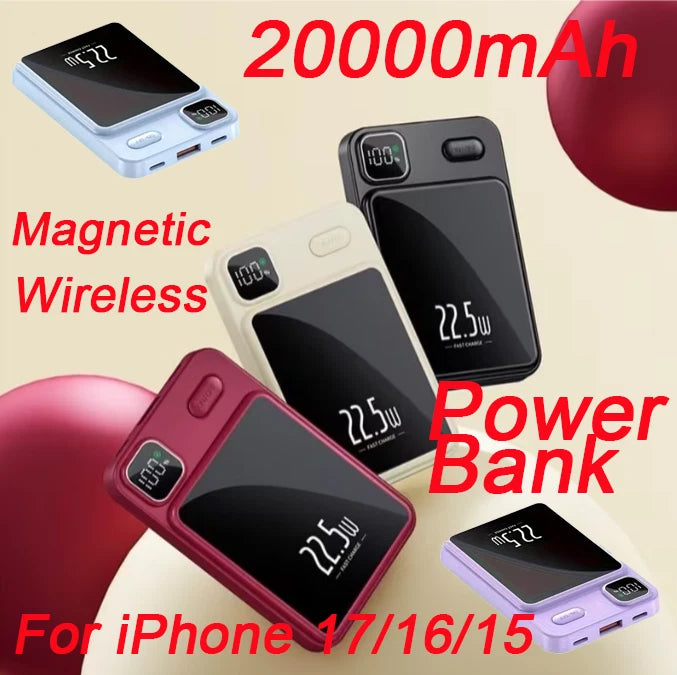 20000mAh Magnetic Wireless Power Bank Charger LED Display For iPhone 17/16/15